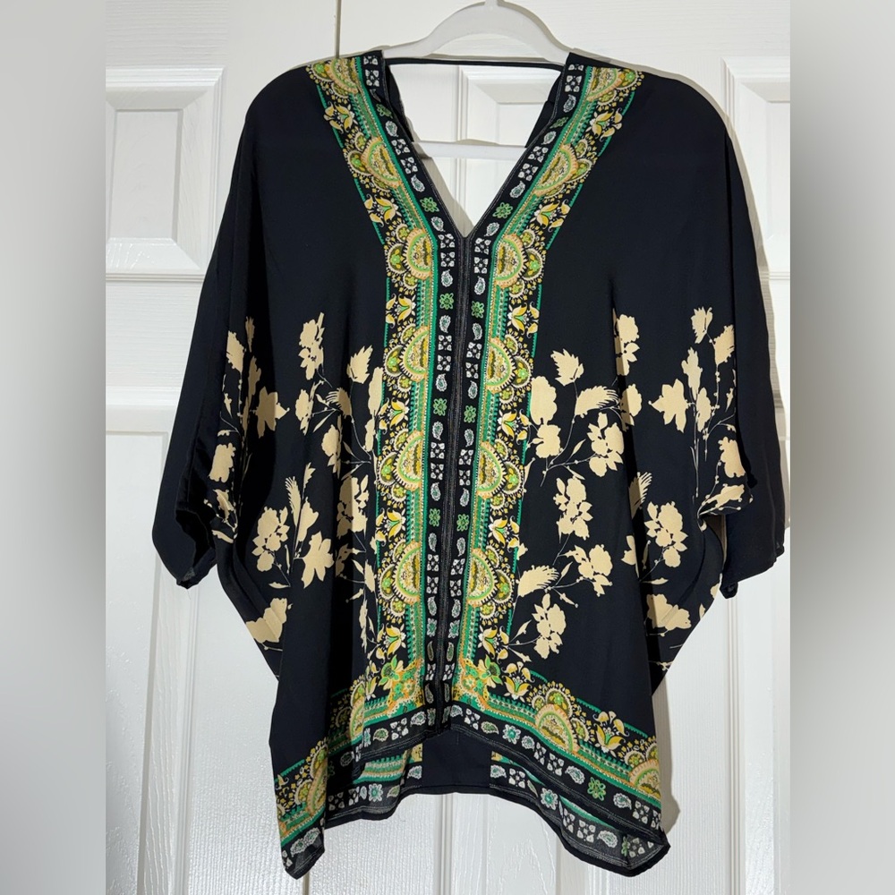 Rose & Olive Black Floral V-Neck Tunic with Green & Beige Trim